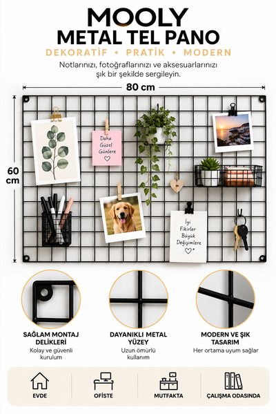 MOOLY 60x80 cm Siyah Metal Tel Pano, Fotoğraf Askısı, 2 Adet Mini Mandal ve 4 Adet Montaj Çivisi Hediyeli
