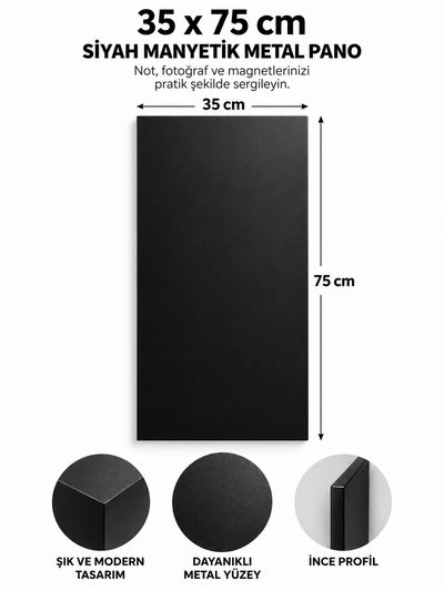MOOLY Siyah Mıknatıslı Metal Pano 35x75 cm, Dekoratif Magnet ve Not Panosu